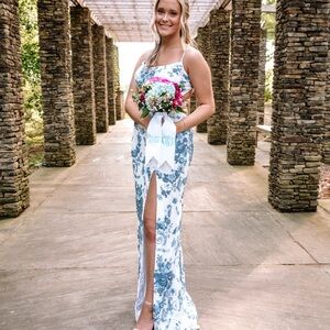 Elegant Blue and White Floral Gown